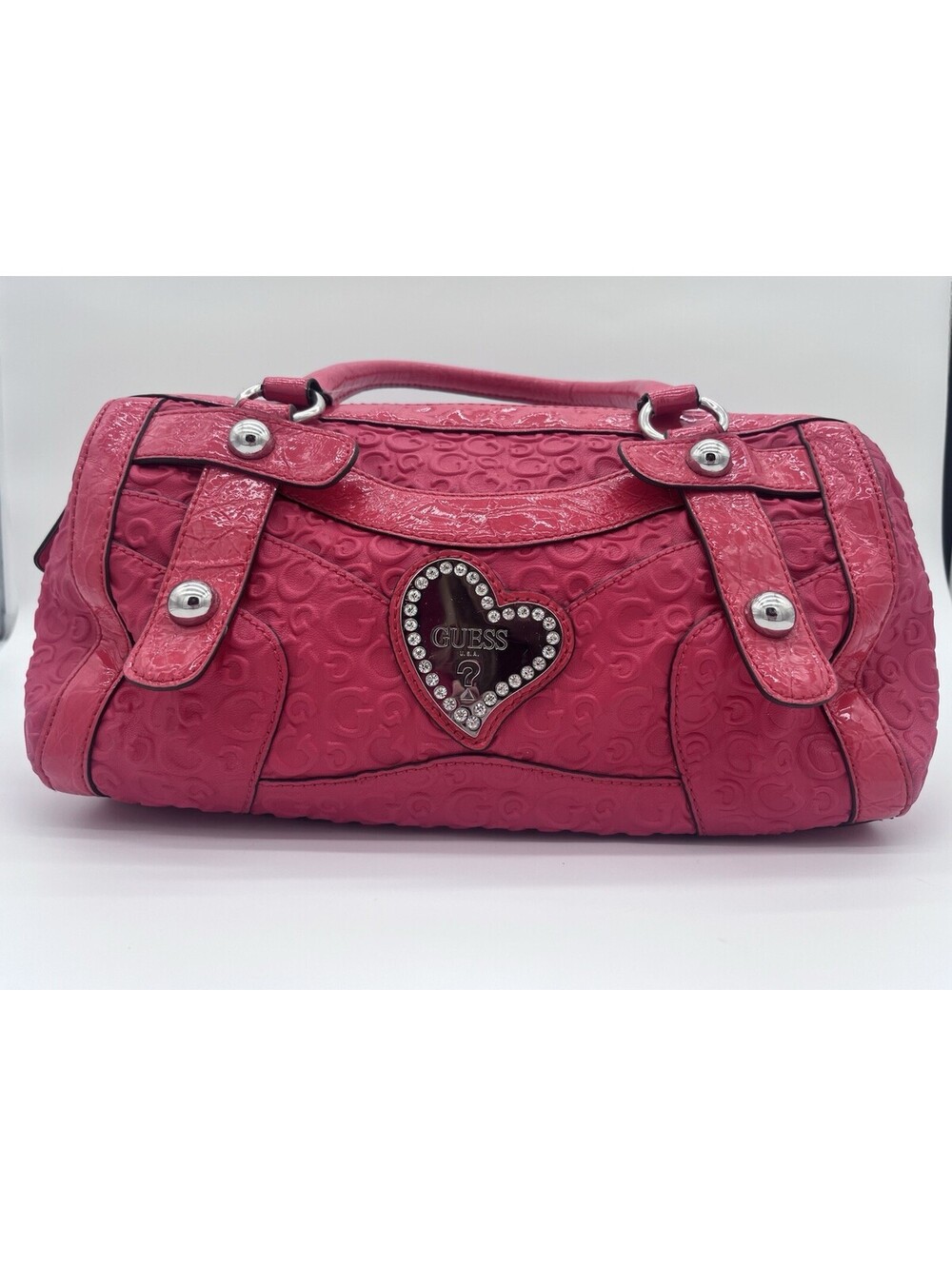 GUESS Pink Logo Embossed Satchel Barrel Bag Heart Rhinestone Patent Trim Y2K